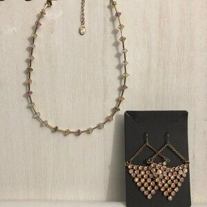 Beaded Rhinestone Necklace & Chandelier Earrings Gold Tone
